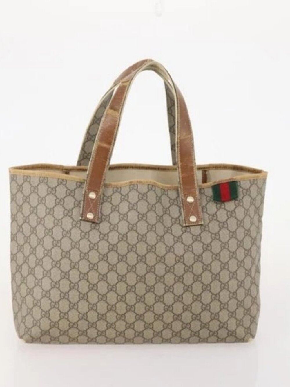 GUCCI GG Supreme Web Sherry Line Tote Bag PVC 4 Set Beige Brown Auth 178835 - Picture 8 of 15